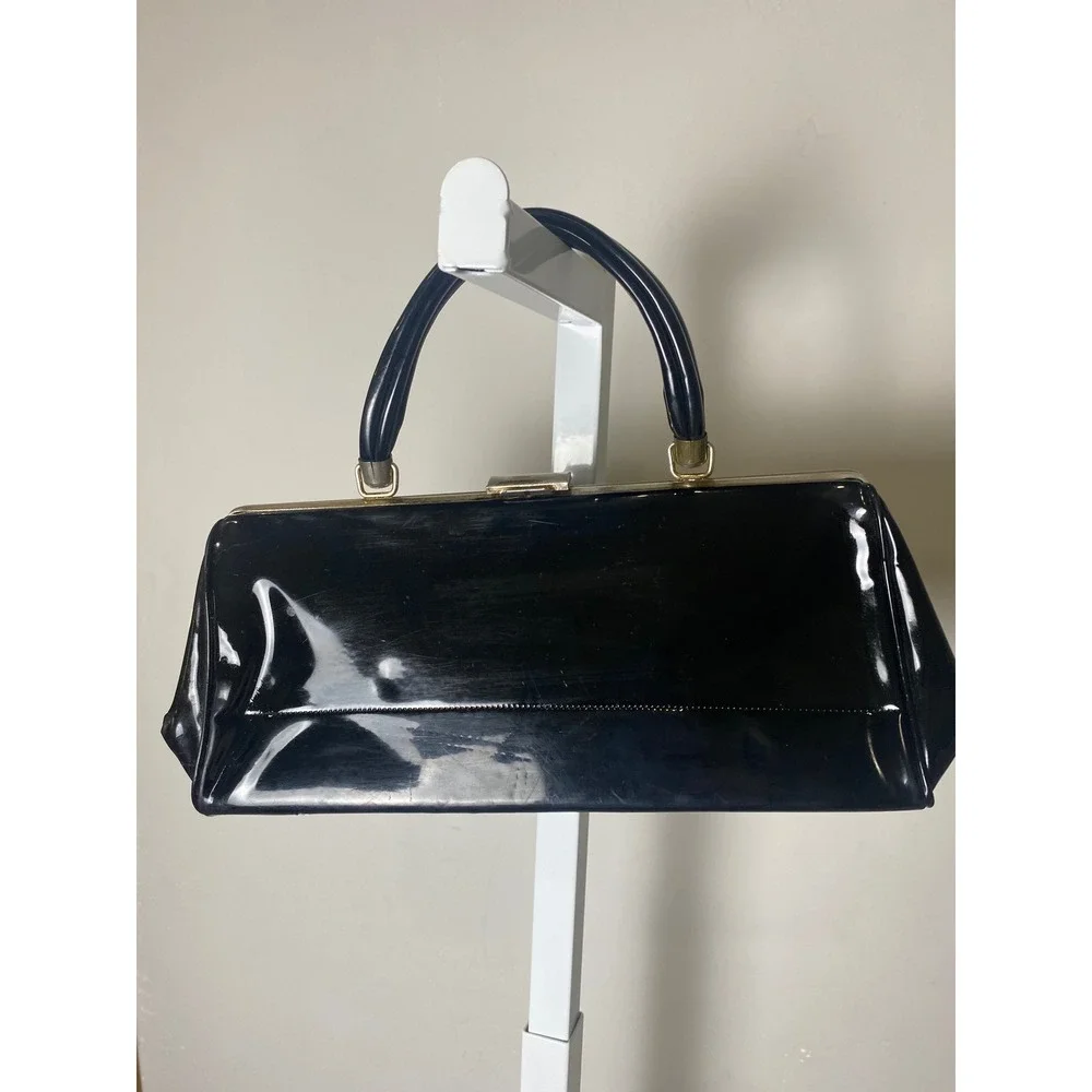 Vintage Black Patent Leather Top Handle Handbag Doctor Bag Mid Century